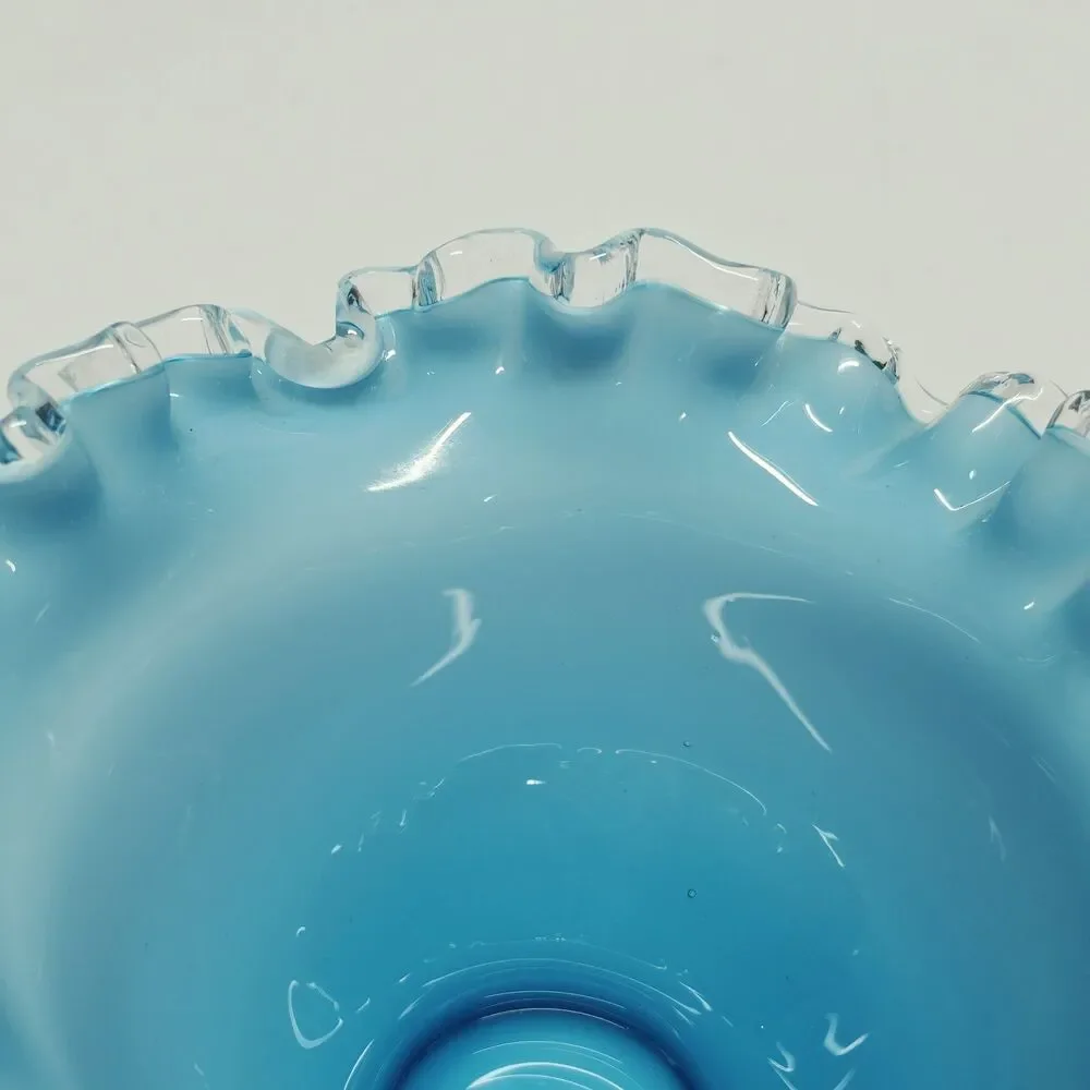 Fenton Teal White Bowl Silver Jamestown Blue Glass Vintage Ruffle Edge MCM